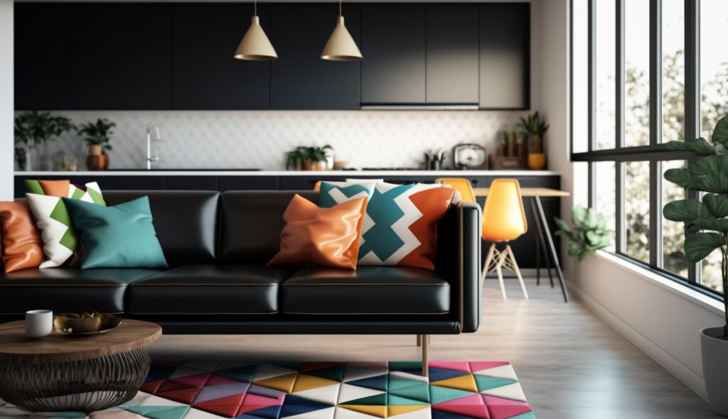 living-room-with-black-couch-colorful-rug-with-black-kitchen-island-background-scaled.