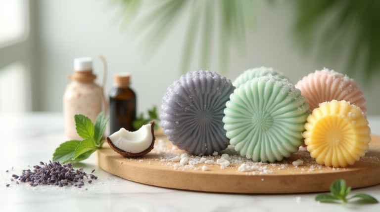 Close-up of natural shampoo bars with lush, eco-friendly packaging.